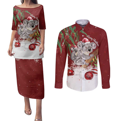 Personalised Aussie Christmas Couples Matching Puletasi and Long Sleeve Button Shirt Mom & Baby Koala