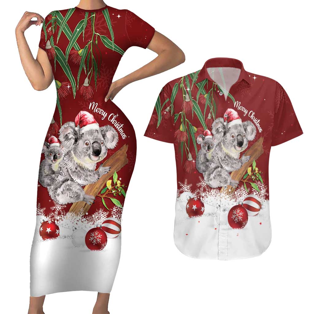 Personalised Aussie Christmas Couples Matching Short Sleeve Bodycon Dress and Hawaiian Shirt Mom & Baby Koala