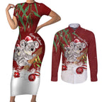 Personalised Aussie Christmas Couples Matching Short Sleeve Bodycon Dress and Long Sleeve Button Shirt Mom & Baby Koala
