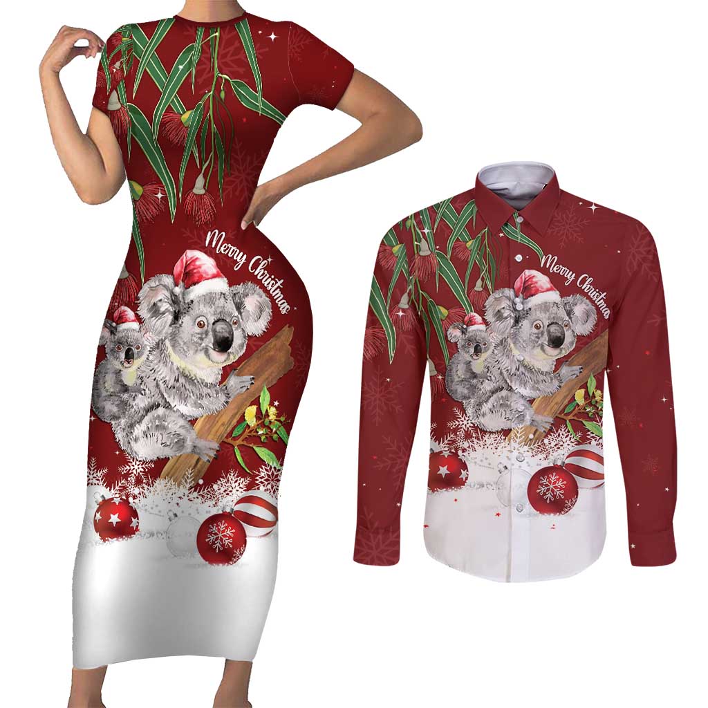 Personalised Aussie Christmas Couples Matching Short Sleeve Bodycon Dress and Long Sleeve Button Shirt Mom & Baby Koala