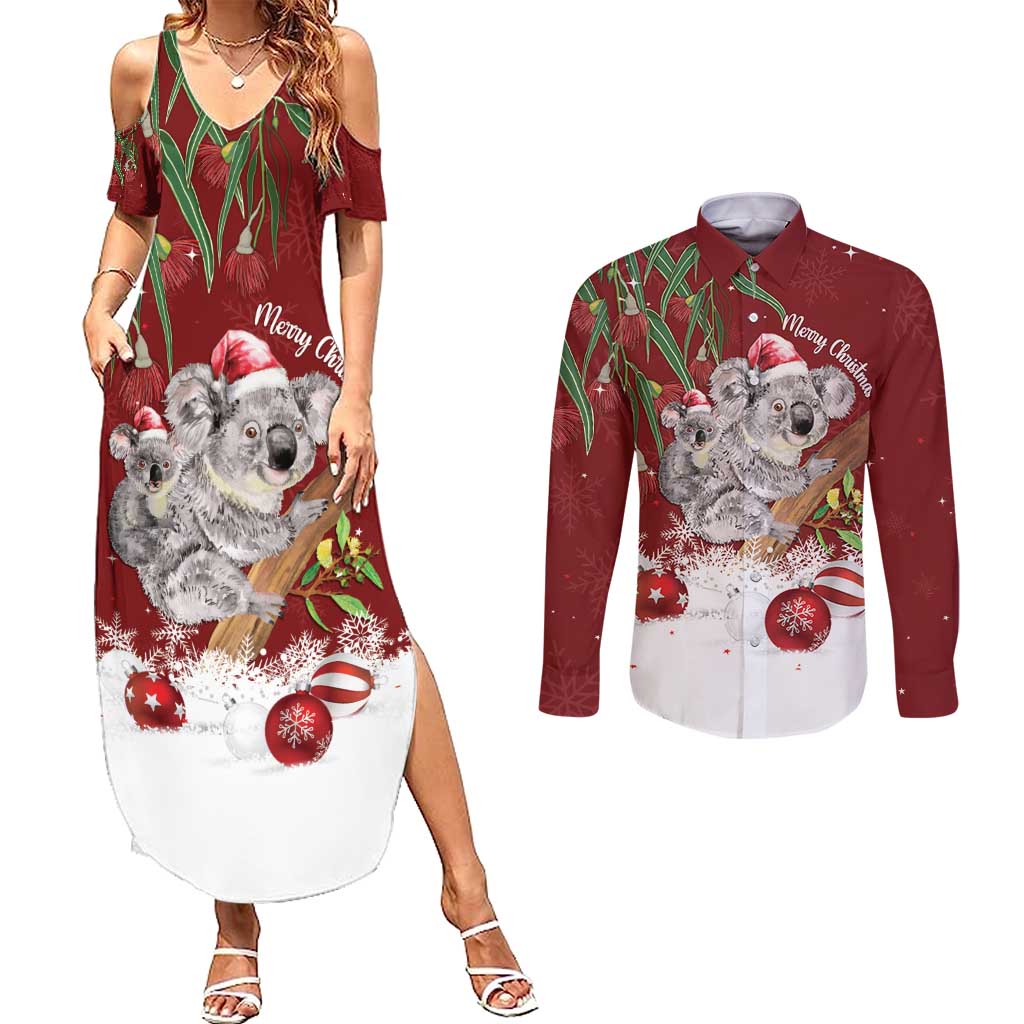 Personalised Aussie Christmas Couples Matching Summer Maxi Dress and Long Sleeve Button Shirt Mom & Baby Koala