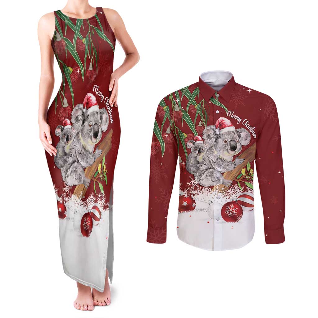 Personalised Aussie Christmas Couples Matching Tank Maxi Dress and Long Sleeve Button Shirt Mom & Baby Koala