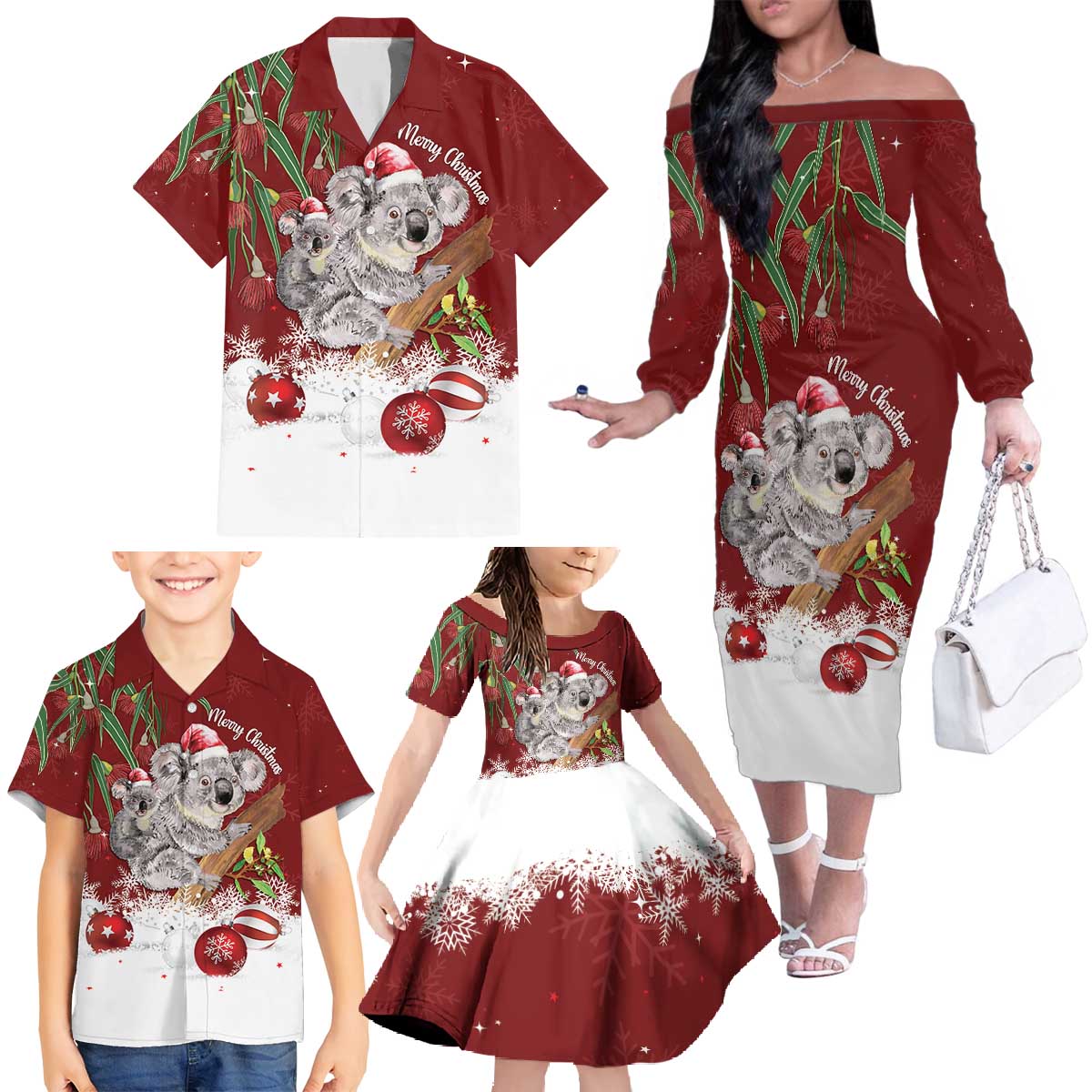Personalised Aussie Christmas Family Matching Off The Shoulder Long Sleeve Dress and Hawaiian Shirt Mom & Baby Koala