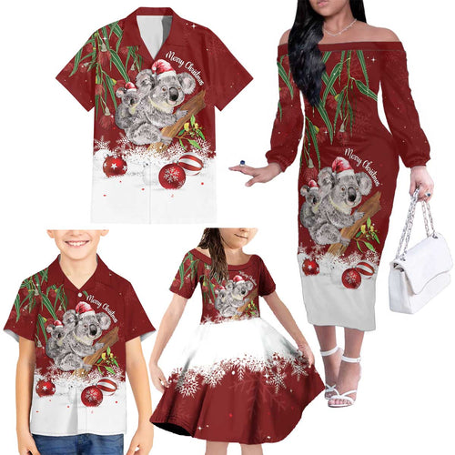 Personalised Aussie Christmas Family Matching Off The Shoulder Long Sleeve Dress and Hawaiian Shirt Mom & Baby Koala
