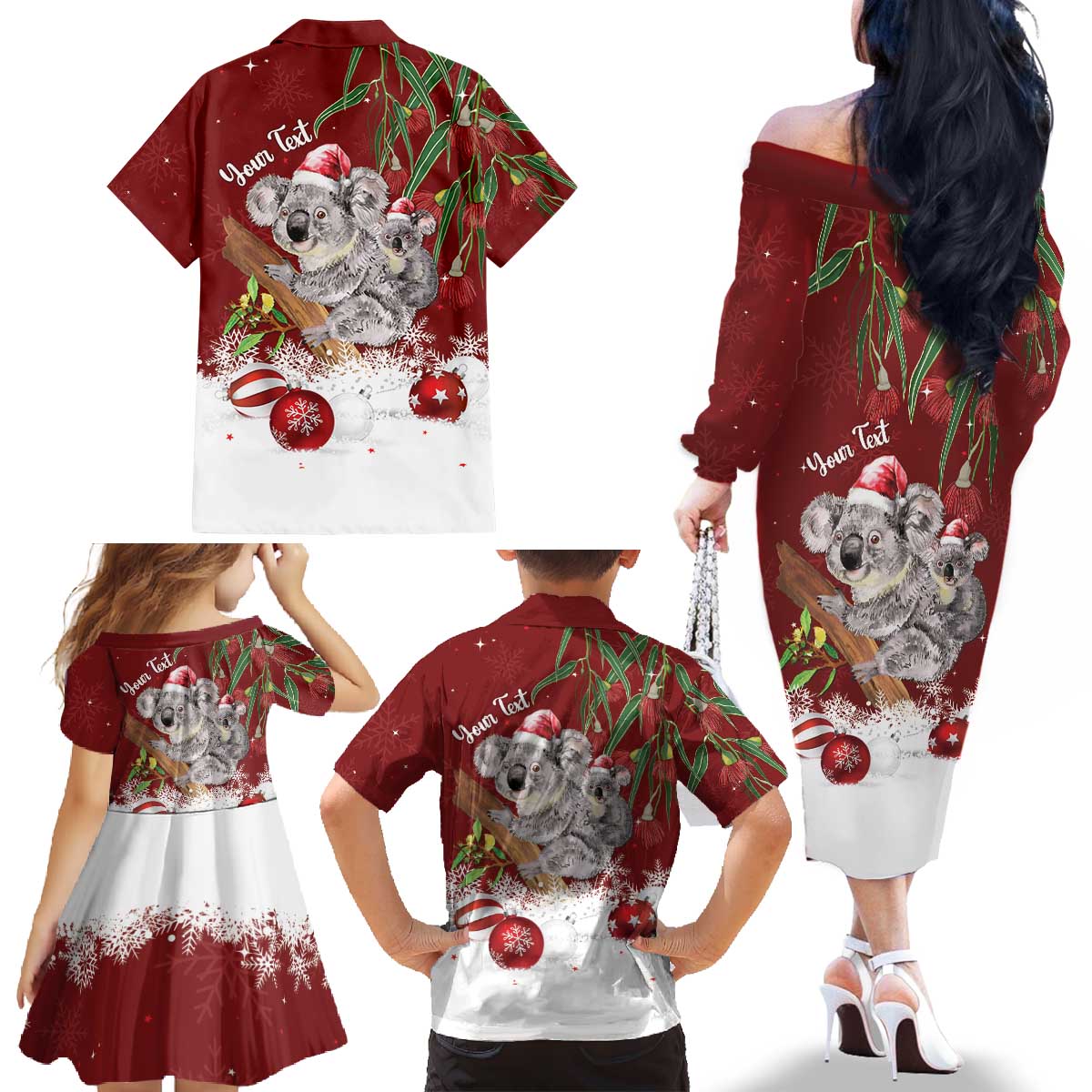Personalised Aussie Christmas Family Matching Off The Shoulder Long Sleeve Dress and Hawaiian Shirt Mom & Baby Koala