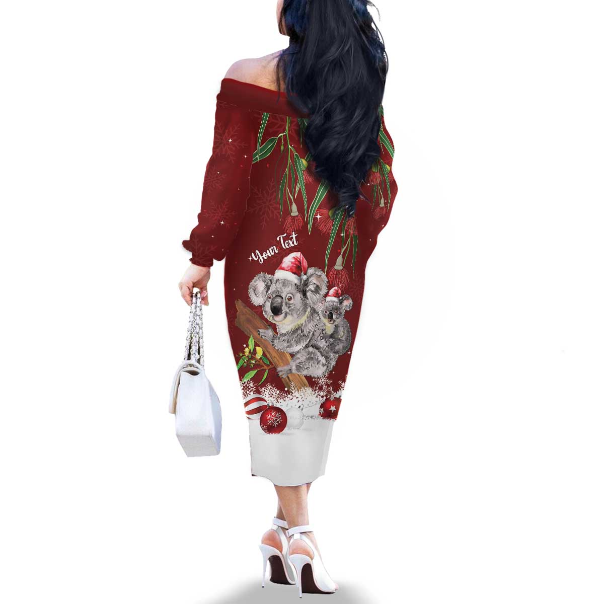 Personalised Aussie Christmas Family Matching Off The Shoulder Long Sleeve Dress and Hawaiian Shirt Mom & Baby Koala