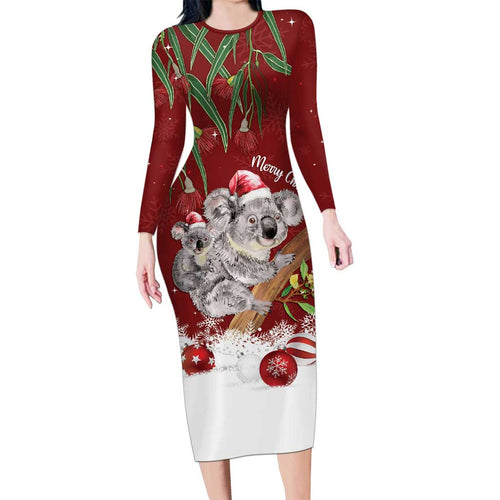 Personalised Aussie Christmas Long Sleeve Bodycon Dress Mom & Baby Koala