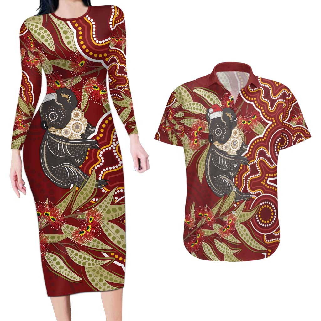 Australia Santa Koala Couples Matching Long Sleeve Bodycon Dress and Hawaiian Shirt Aboriginal Style