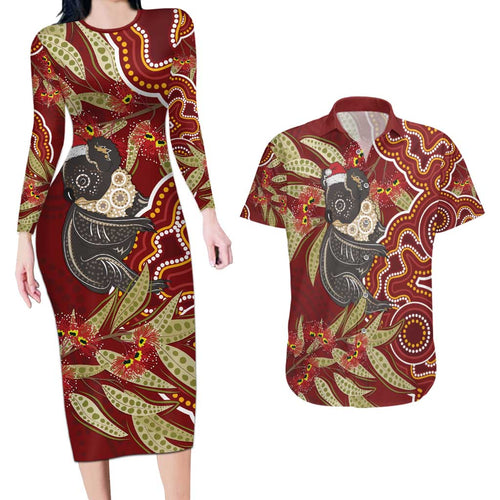 Australia Santa Koala Couples Matching Long Sleeve Bodycon Dress and Hawaiian Shirt Aboriginal Style