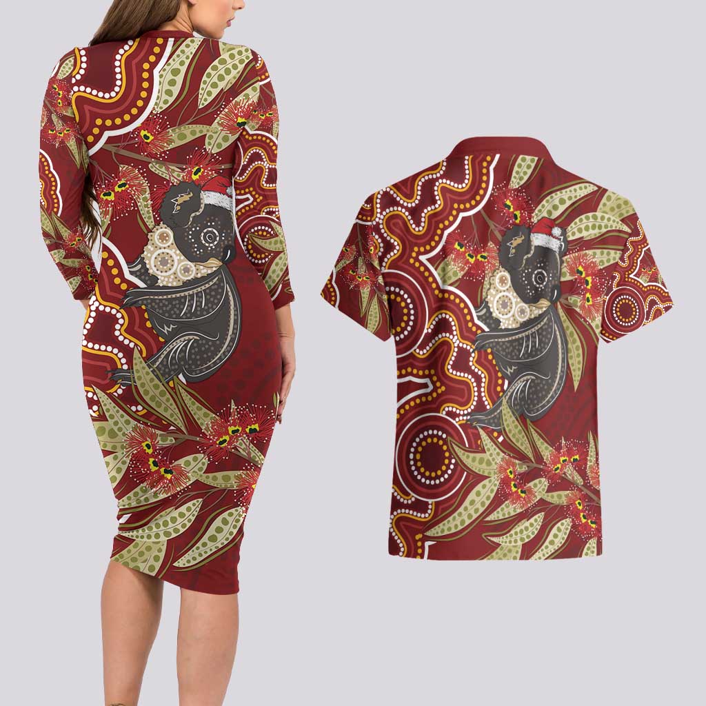Australia Santa Koala Couples Matching Long Sleeve Bodycon Dress and Hawaiian Shirt Aboriginal Style