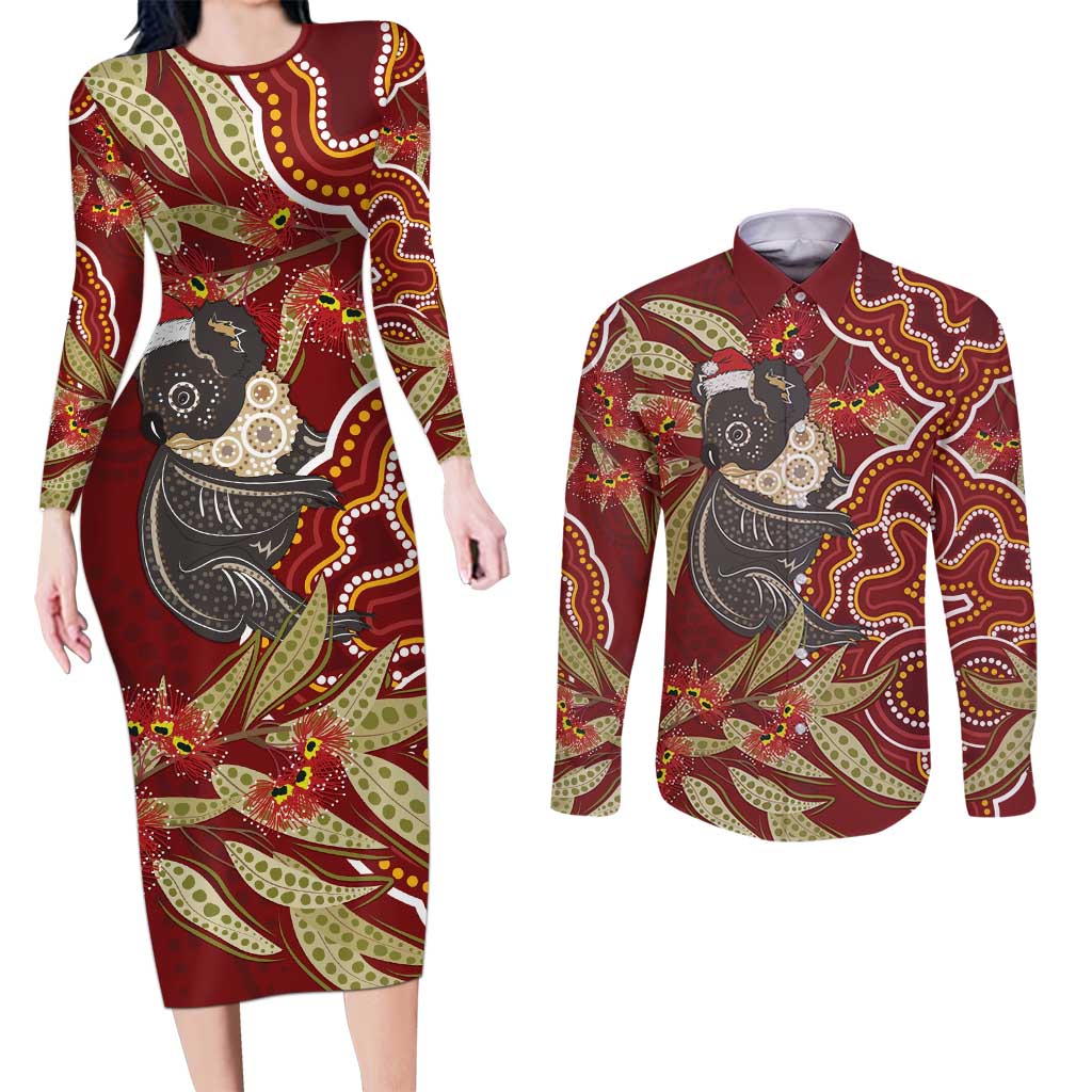 Australia Santa Koala Couples Matching Long Sleeve Bodycon Dress and Long Sleeve Button Shirt Aboriginal Style
