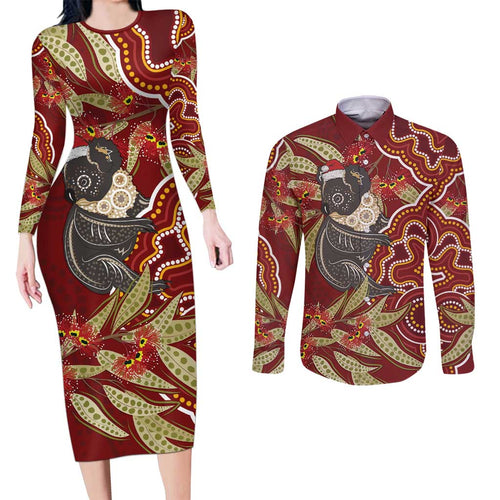 Australia Santa Koala Couples Matching Long Sleeve Bodycon Dress and Long Sleeve Button Shirt Aboriginal Style
