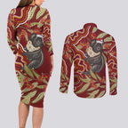Australia Santa Koala Couples Matching Long Sleeve Bodycon Dress and Long Sleeve Button Shirt Aboriginal Style