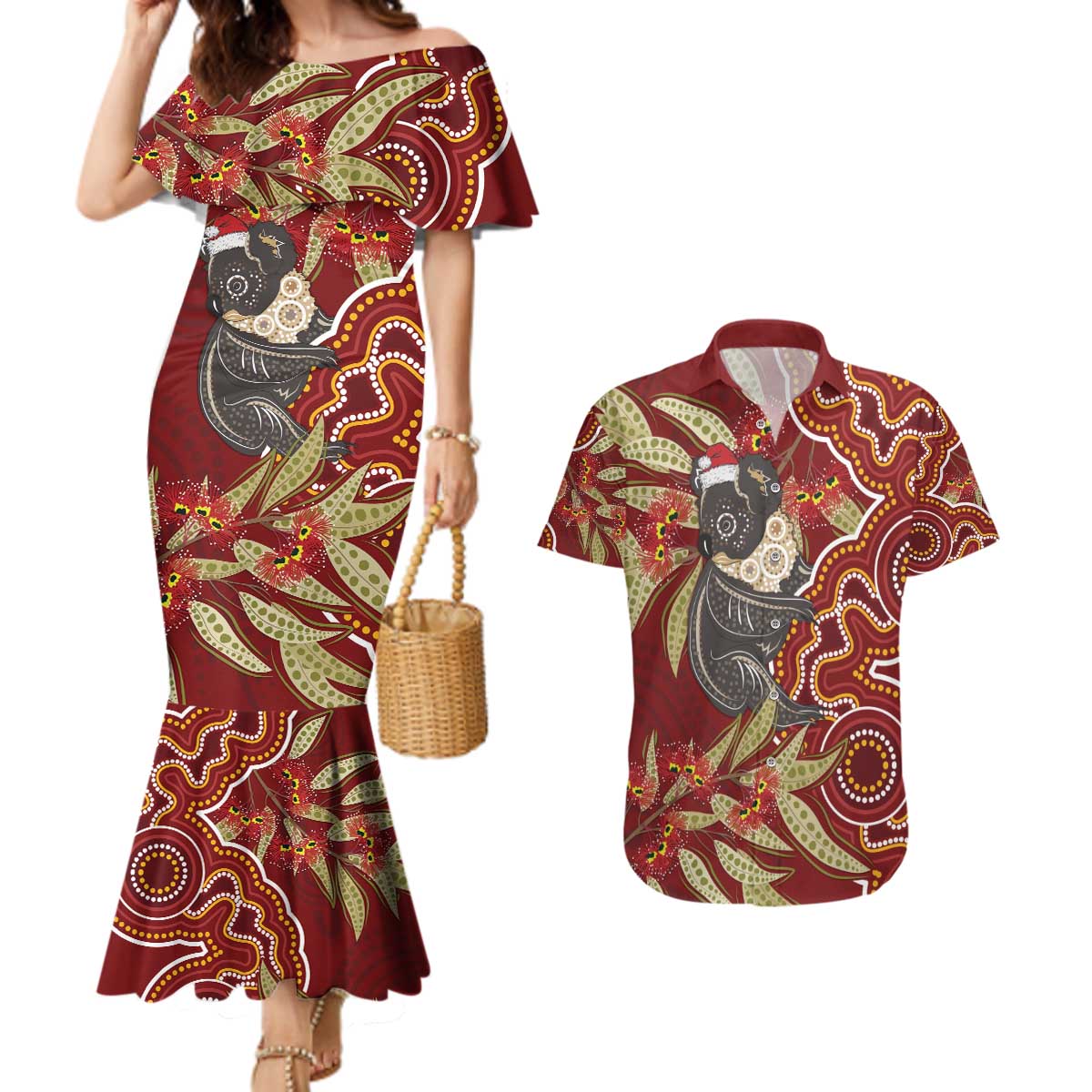 Australia Santa Koala Couples Matching Mermaid Dress and Hawaiian Shirt Aboriginal Style