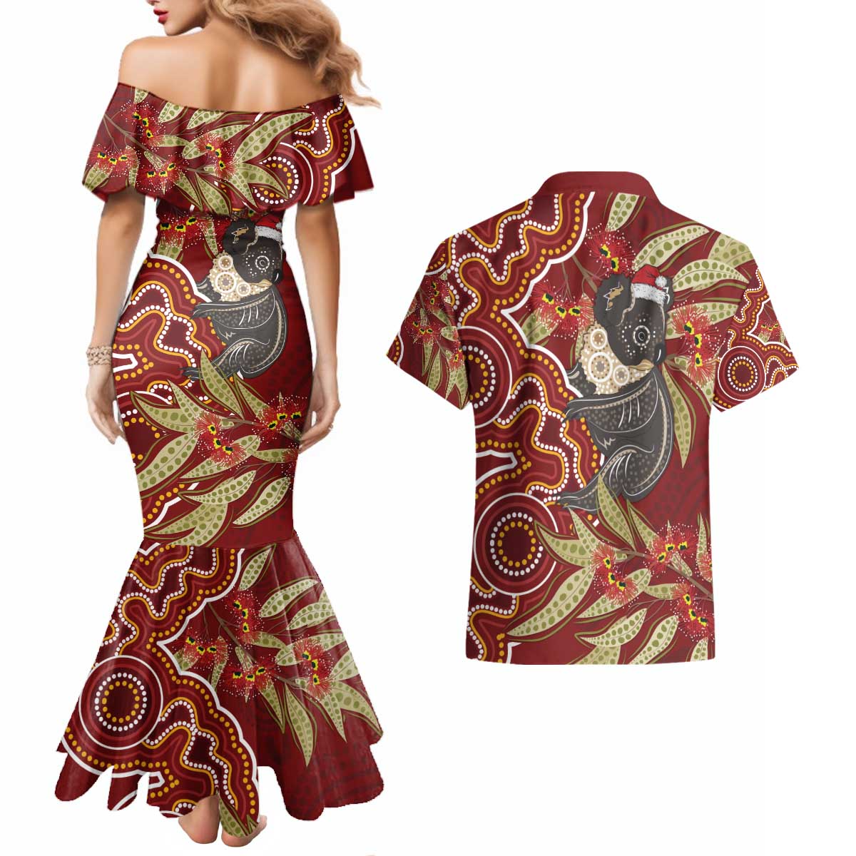 Australia Santa Koala Couples Matching Mermaid Dress and Hawaiian Shirt Aboriginal Style