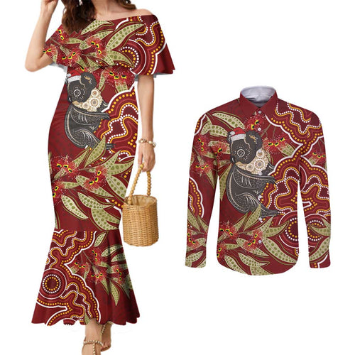 Australia Santa Koala Couples Matching Mermaid Dress and Long Sleeve Button Shirt Aboriginal Style