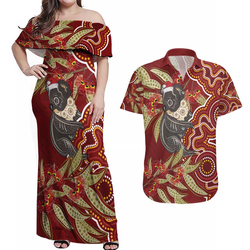 Australia Santa Koala Couples Matching Off Shoulder Maxi Dress and Hawaiian Shirt Aboriginal Style