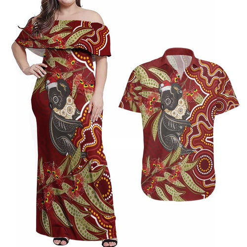 Australia Santa Koala Couples Matching Off Shoulder Maxi Dress and Hawaiian Shirt Aboriginal Style