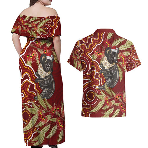Australia Santa Koala Couples Matching Off Shoulder Maxi Dress and Hawaiian Shirt Aboriginal Style