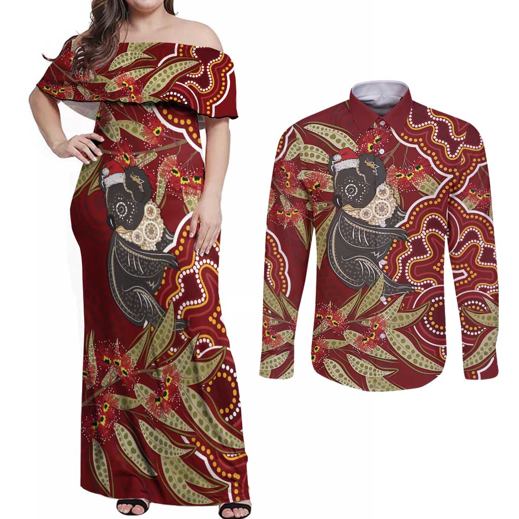 Australia Santa Koala Couples Matching Off Shoulder Maxi Dress and Long Sleeve Button Shirt Aboriginal Style