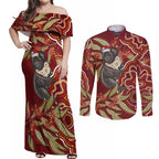 Australia Santa Koala Couples Matching Off Shoulder Maxi Dress and Long Sleeve Button Shirt Aboriginal Style