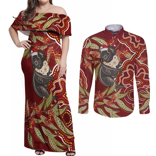 Australia Santa Koala Couples Matching Off Shoulder Maxi Dress and Long Sleeve Button Shirt Aboriginal Style
