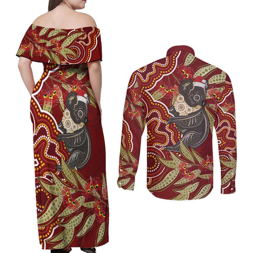 Australia Santa Koala Couples Matching Off Shoulder Maxi Dress and Long Sleeve Button Shirt Aboriginal Style
