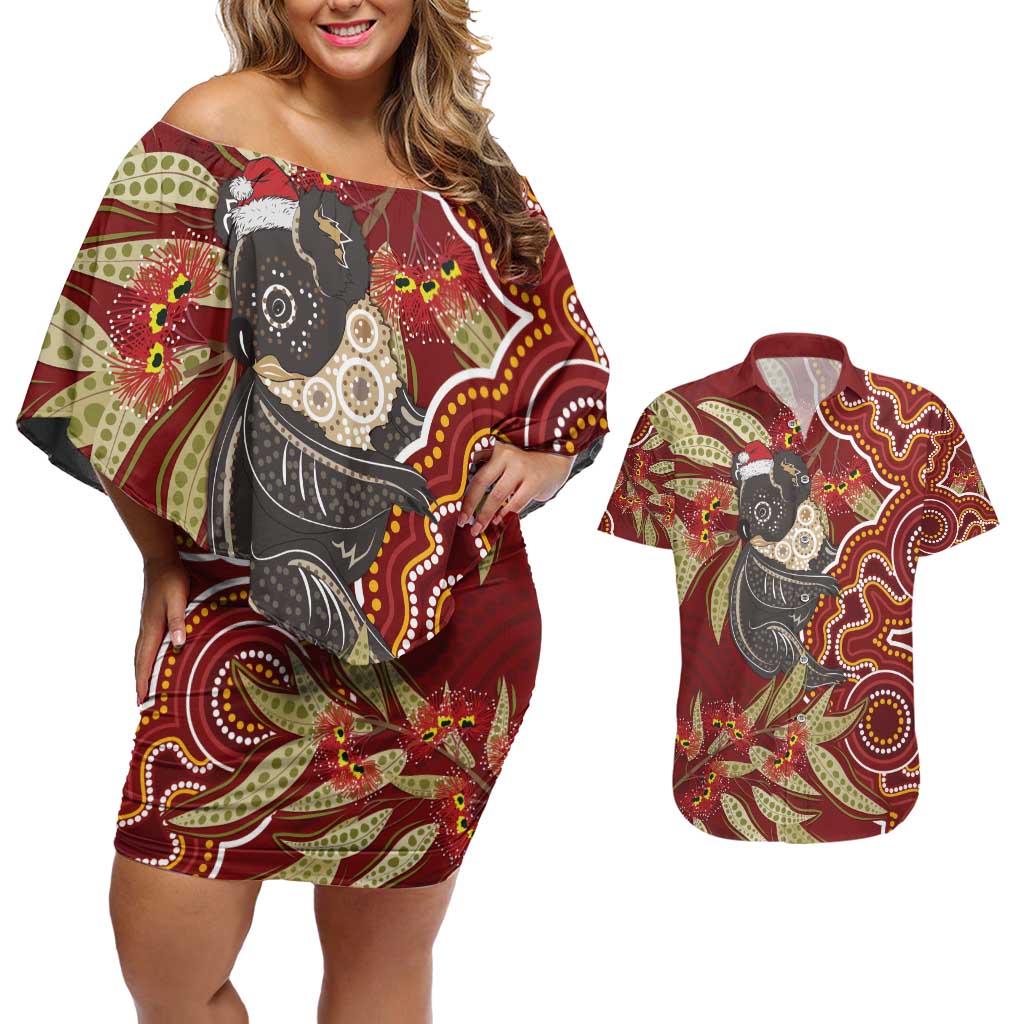 Australia Santa Koala Couples Matching Off Shoulder Short Dress and Hawaiian Shirt Aboriginal Style