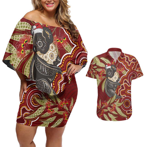 Australia Santa Koala Couples Matching Off Shoulder Short Dress and Hawaiian Shirt Aboriginal Style