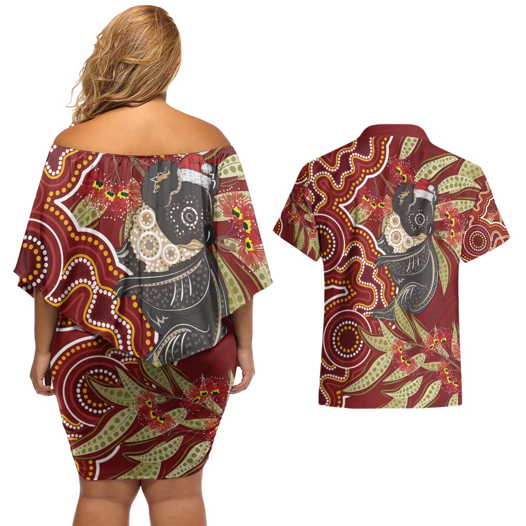 Australia Santa Koala Couples Matching Off Shoulder Short Dress and Hawaiian Shirt Aboriginal Style