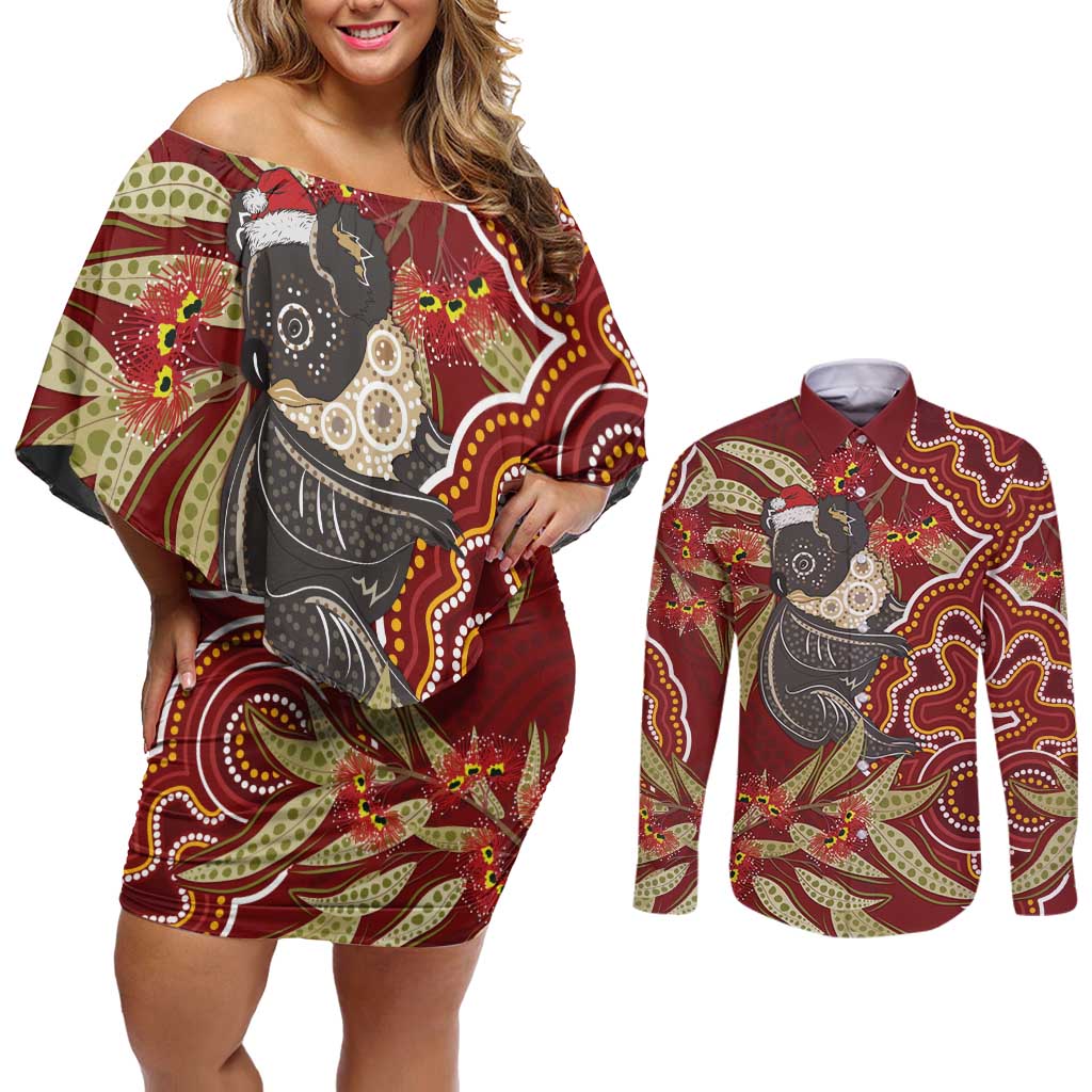 Australia Santa Koala Couples Matching Off Shoulder Short Dress and Long Sleeve Button Shirt Aboriginal Style