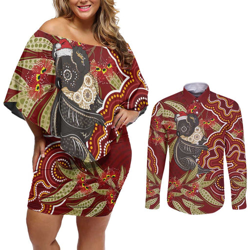Australia Santa Koala Couples Matching Off Shoulder Short Dress and Long Sleeve Button Shirt Aboriginal Style