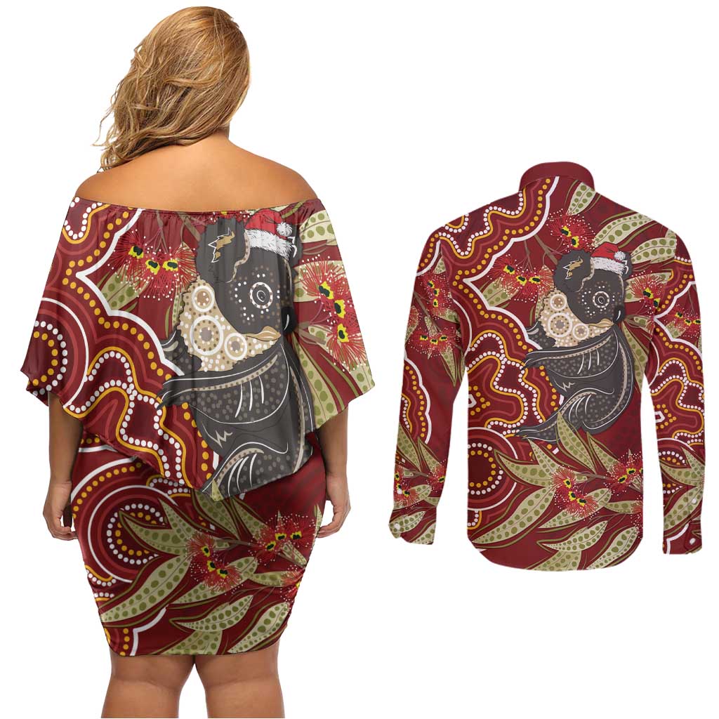Australia Santa Koala Couples Matching Off Shoulder Short Dress and Long Sleeve Button Shirt Aboriginal Style