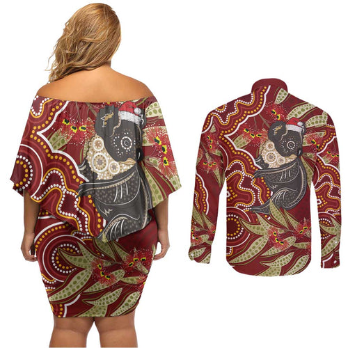 Australia Santa Koala Couples Matching Off Shoulder Short Dress and Long Sleeve Button Shirt Aboriginal Style