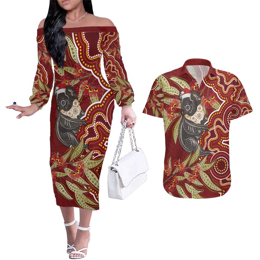 Australia Santa Koala Couples Matching Off The Shoulder Long Sleeve Dress and Hawaiian Shirt Aboriginal Style