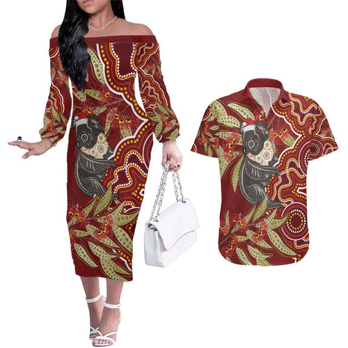 Australia Santa Koala Couples Matching Off The Shoulder Long Sleeve Dress and Hawaiian Shirt Aboriginal Style