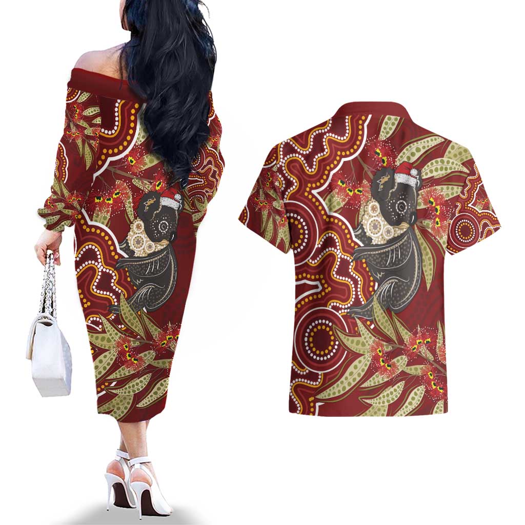 Australia Santa Koala Couples Matching Off The Shoulder Long Sleeve Dress and Hawaiian Shirt Aboriginal Style