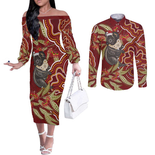 Australia Santa Koala Couples Matching Off The Shoulder Long Sleeve Dress and Long Sleeve Button Shirt Aboriginal Style