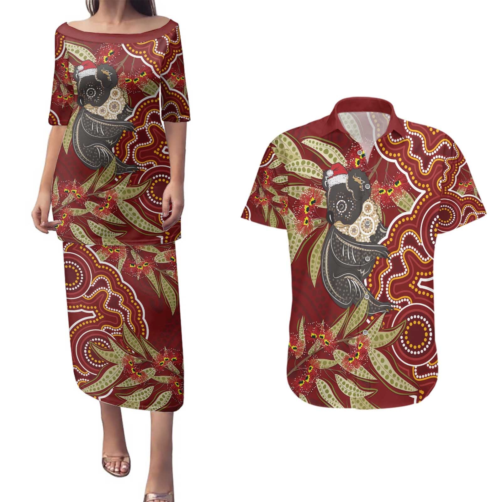 Australia Santa Koala Couples Matching Puletasi and Hawaiian Shirt Aboriginal Style