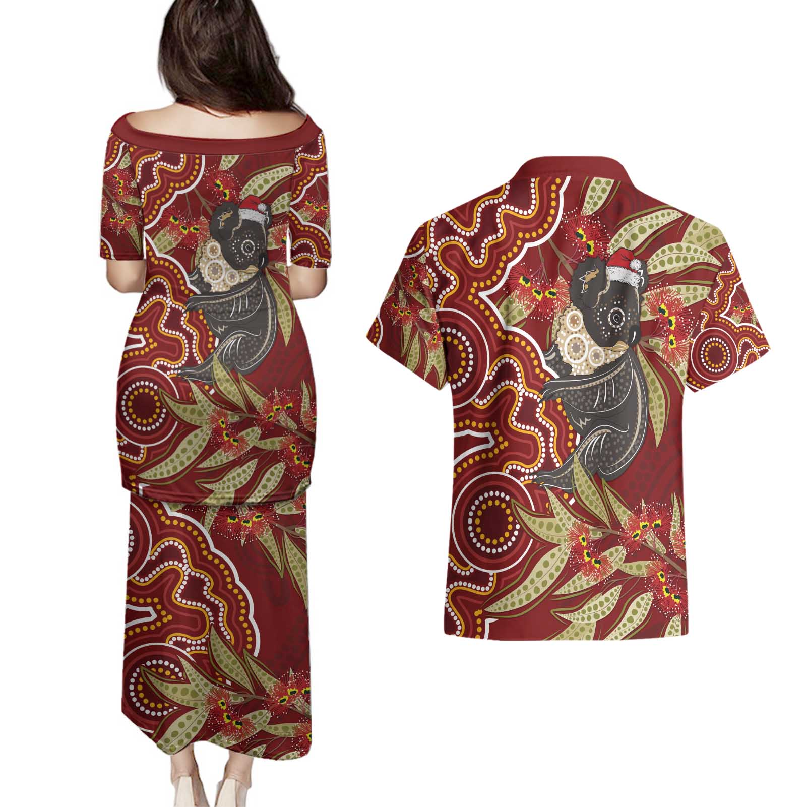 Australia Santa Koala Couples Matching Puletasi and Hawaiian Shirt Aboriginal Style