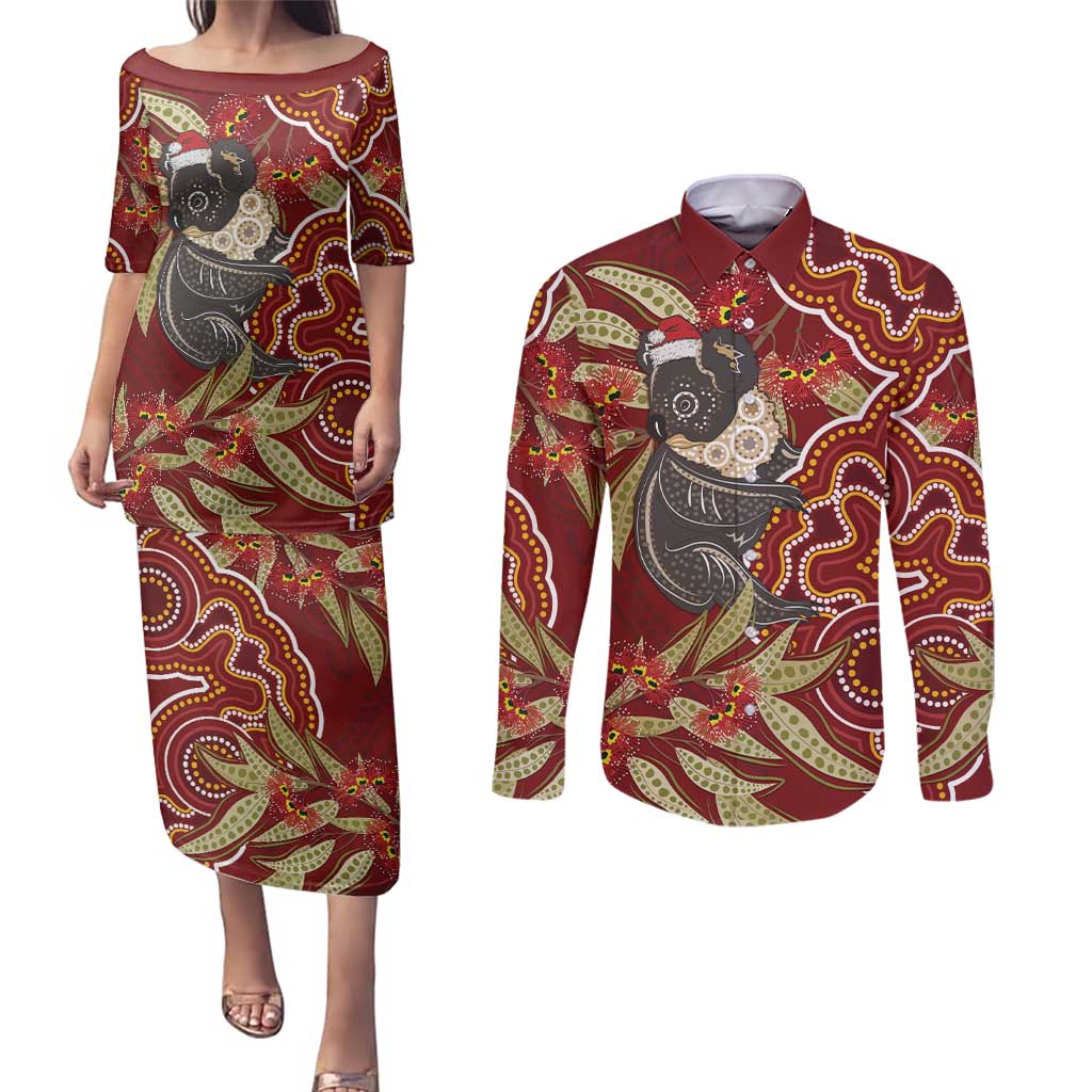 Australia Santa Koala Couples Matching Puletasi and Long Sleeve Button Shirt Aboriginal Style