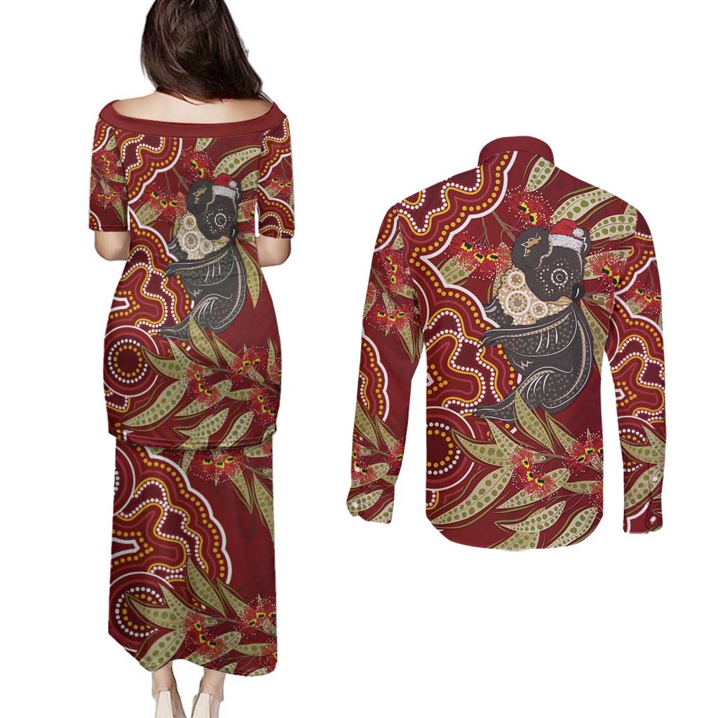 Australia Santa Koala Couples Matching Puletasi and Long Sleeve Button Shirt Aboriginal Style