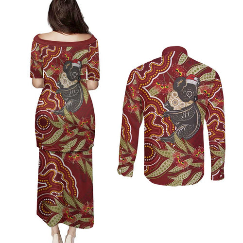 Australia Santa Koala Couples Matching Puletasi and Long Sleeve Button Shirt Aboriginal Style