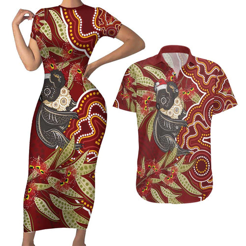 Australia Santa Koala Couples Matching Short Sleeve Bodycon Dress and Hawaiian Shirt Aboriginal Style