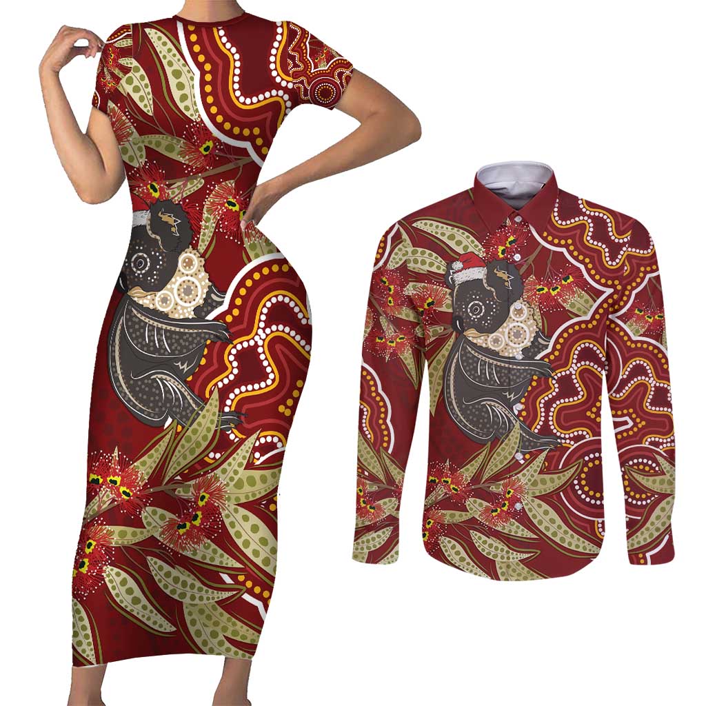 Australia Santa Koala Couples Matching Short Sleeve Bodycon Dress and Long Sleeve Button Shirt Aboriginal Style