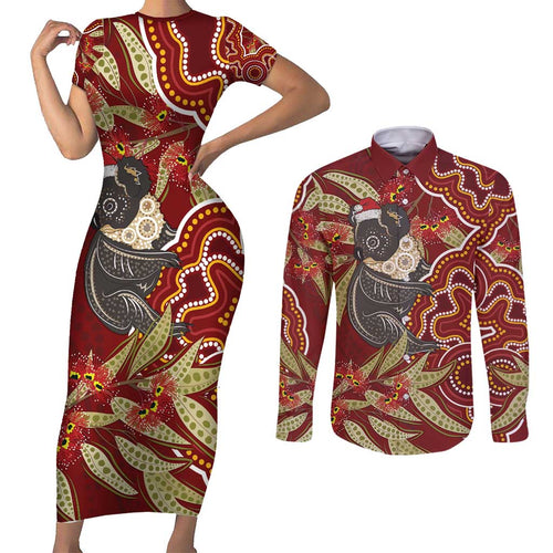Australia Santa Koala Couples Matching Short Sleeve Bodycon Dress and Long Sleeve Button Shirt Aboriginal Style