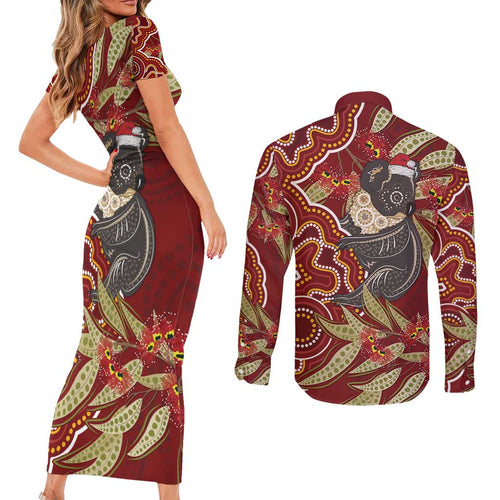 Australia Santa Koala Couples Matching Short Sleeve Bodycon Dress and Long Sleeve Button Shirt Aboriginal Style