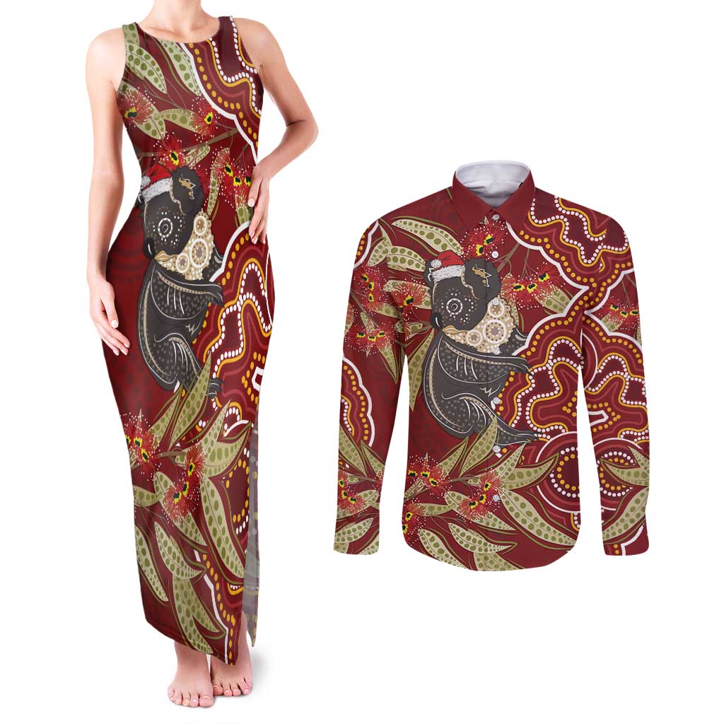Australia Santa Koala Couples Matching Tank Maxi Dress and Long Sleeve Button Shirt Aboriginal Style