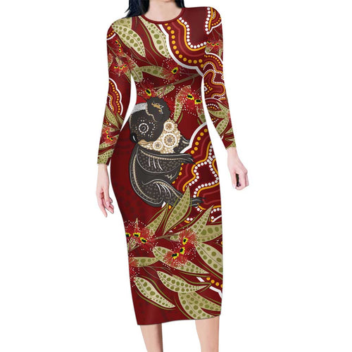 Australia Santa Koala Family Matching Long Sleeve Bodycon Dress and Hawaiian Shirt Aboriginal Style