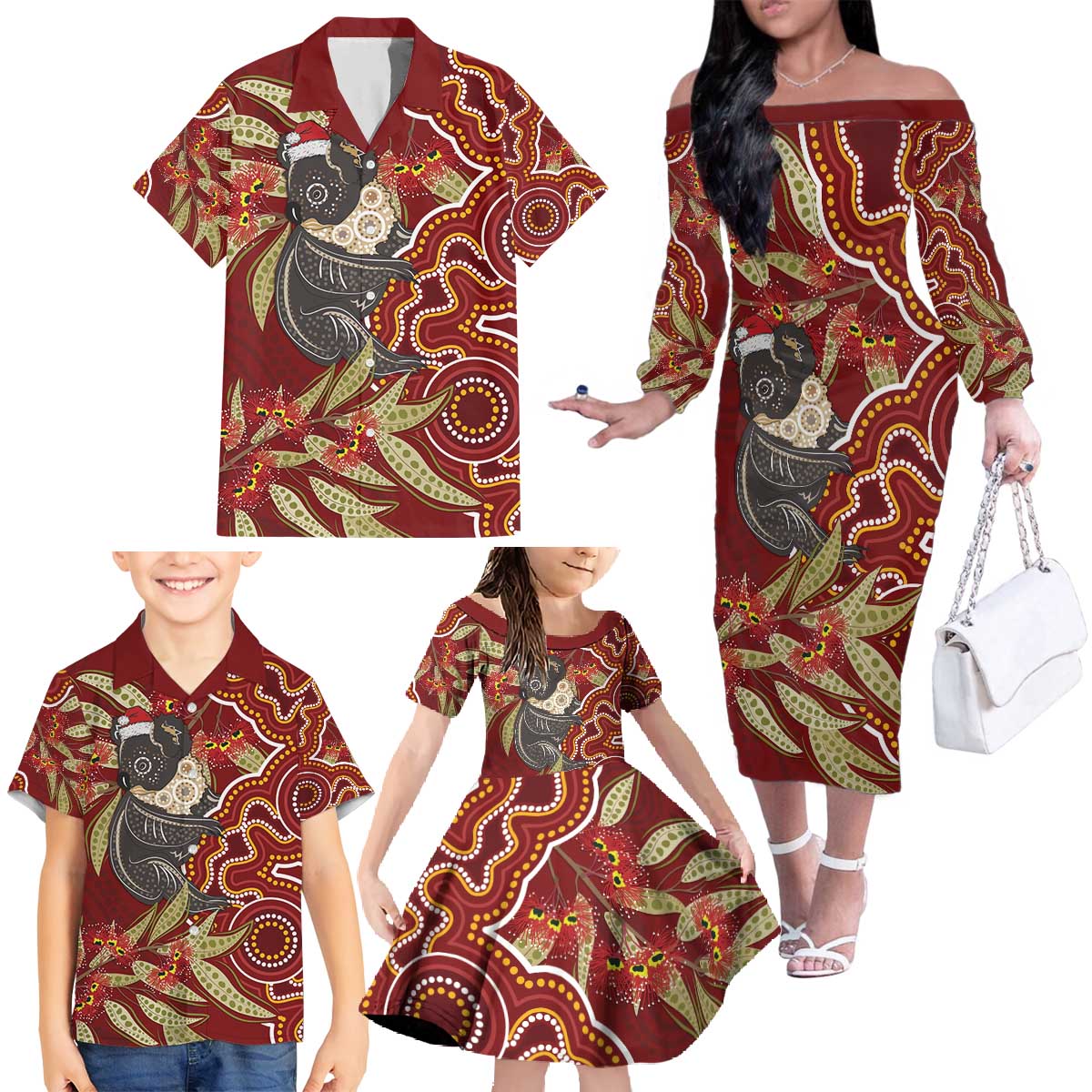 Australia Santa Koala Family Matching Off The Shoulder Long Sleeve Dress and Hawaiian Shirt Aboriginal Style